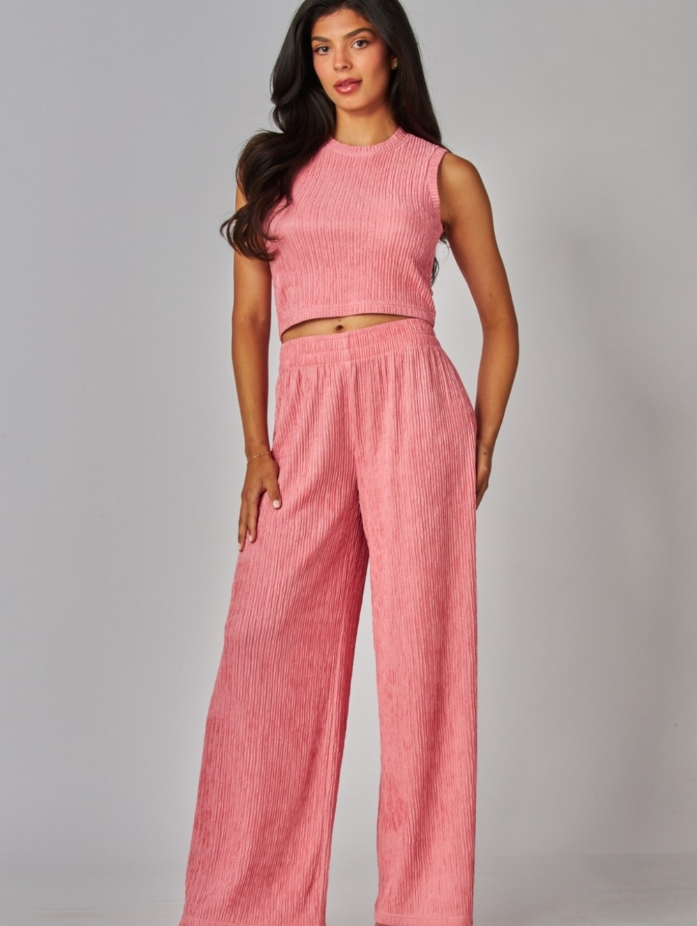Sleeveless Cropped Tank & Wide-Leg Pants Set - Pink